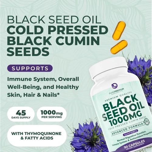 Vista 2 de PurePremium Aceite de semilla negra de 500 mg – Semillas orgánicas de Nigella Sativa – Extracto de aceite de semilla de comino negro prensado