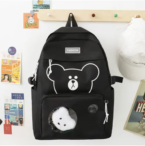 Vista 5 de Mochila de viaje con diseño de oso lindo para mujer, 5 piezas, con colgante kawaii, animé japonés, mochila escolar, Negro