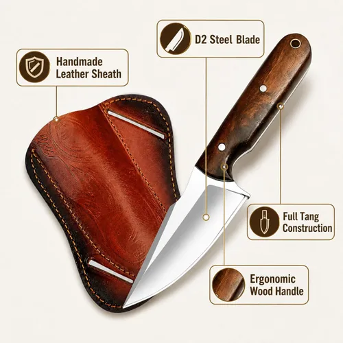 Vista 3 de Cuchillo de Desollar Edc Hecho a Mano de Hoja Fija de 7 Pulgadas Cuchillo de Caza - Cuchillos de Espiga Completa Forjados a Mano para Caza
