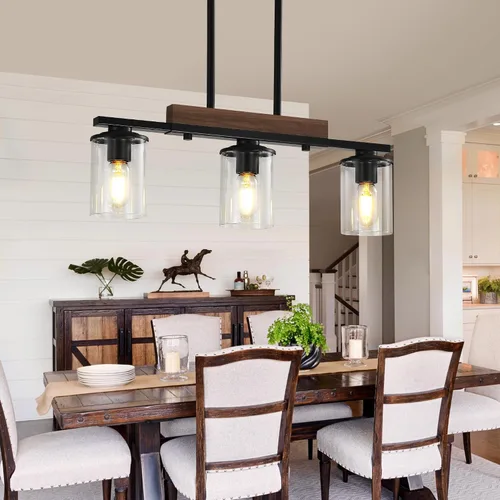 Vista 2 de Lámpara de isla de cocina de 23.6 pulgadas, lámpara de 3 luces para comedor sobre mesa, lámpara colgante de techo de madera rústica moderna negra