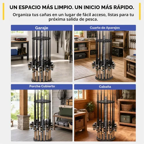 Vista 3 de Rush Creek Creations Soporte redondo para 16 cañas de pescar para garaje, soporte de cañas de pescar de acceso 360° para cañas de pescar, carretes