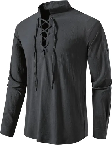 Vista 8 de LucMatton Camisa de manga larga para hombre, estilo retro, con cordones, medieval, renacentista, pirata, vikingo, steampunk, gótico, victoriano