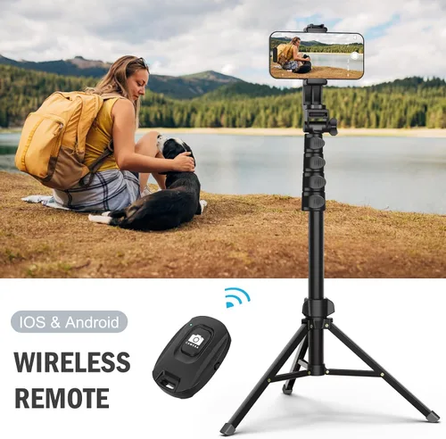 Vista 9 de Liphisy Trípode de 64 pulgadas para teléfono celular y cámara, trípode para teléfono con control remoto y soporte para teléfono, robusto y estable