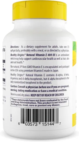 Vista 3 de Healthy Origins Vitamina E 400 UI (268 mg), 90 cápsulas blandas líquidas – Tocoferoles mixtos naturales (d-alfa, d-beta, d-gamma, d-delta) – Apoya