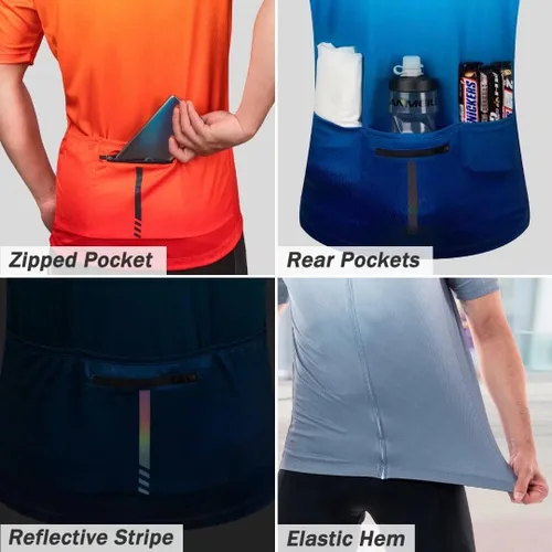 Vista 5 de ROTTO Camiseta de ciclismo de manga corta para hombre, color degradado, serie Pro con bolsillo trasero con cremallera, L