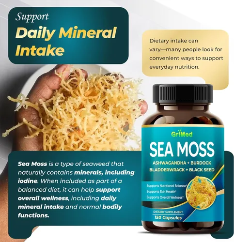 Vista 3 de Musgo marino prémium con Ashwagandha, vejiga de bardana, semillas negras para sistema inmunológico, piel, digestión y energía (150