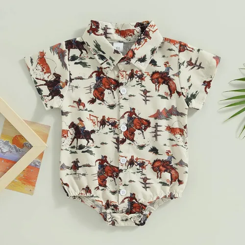 Vista 2 de Lamuusaa Ropa occidental para bebé, camisa de manga corta, con botones, camisa con estampado de vaca, mameluco de verano de 0 a 18 meses