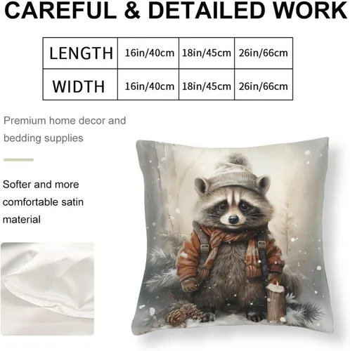 Vista 2 de Almohadas grandes para sofá de 16 x 16 pulgadas, diseño de mapache de dibujos animados, Navidad, nieve, invierno, cuadradas, de satén, funda