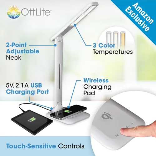 Vista 2 de Lámpara de escritorio OttLite Charge Up LED con carga inalámbrica Qi y puerto de carga USB, con tecnología LED ClearSun - Cuello ajustable, 3 modos