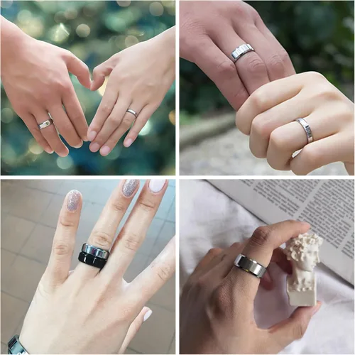 Vista 2 de Supra Diamanto Anillos clásicos de acero inoxidable de 0.157in, 0.236in, 0.315in, para hombres y mujeres, anillo de boda chapado en oronegroplata