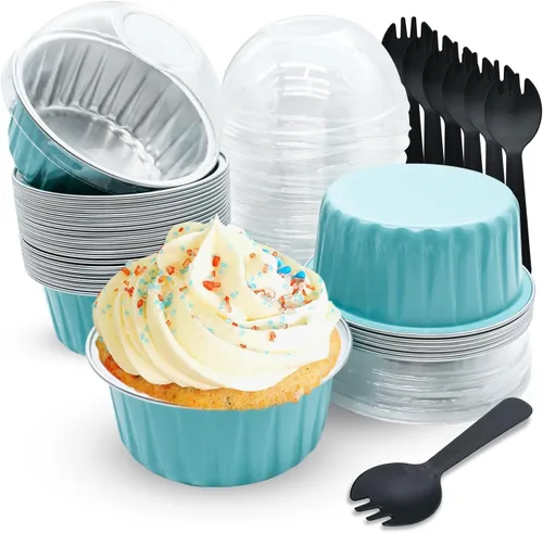 Vista 11 de Mini tazas de papel de aluminio para hornear cupcakes con tapas (30 unidades, 5 onzas), forros redondos de papel de aluminio para cupcakes, soporte