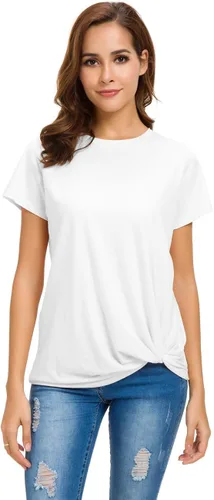 Vista 2 de Moqueen - Camiseta holgada para mujer de manga corta con nudo frontal, de algodón, informal