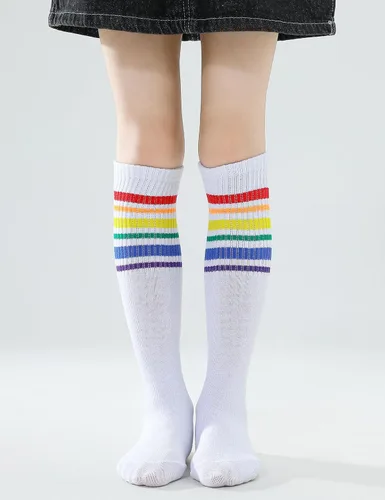 Vista 2 de TOCONFFON Calcetines de tubo hasta la rodilla para niños, niñas y adolescentes, calcetines deportivos de algodón para la escuela de fútbol, uniforme