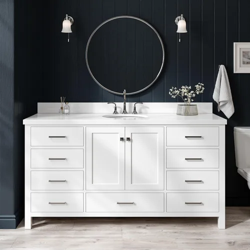 Vista 60 de ARIEL Cambridge tocador de baño con fregadero, madera maciza, encimera y protector contra salpicaduras de cuarzo blanco puro de 1.5 pulgadas