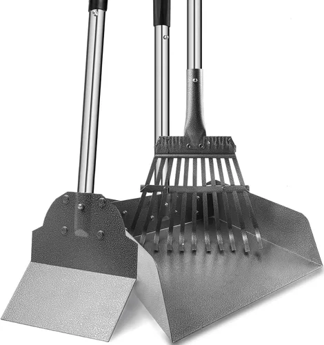 Vista 8 de Recogedor de excrementos de perro, rastrillo y pala de bandeja, paquete de 3 cucharas ajustables de mango largo de metal con cubo para eliminación