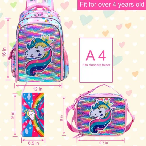 Vista 2 de 3 piezas de mochilas infantiles para niñas, 41 cm, mochila escolar preescolar y lonchera con diseño de unicornio/sirena/flamenco Mochila