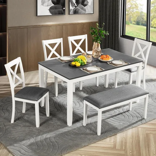 Vista 11 de Juego de mesa de comedor de 6 piezas, mesa rectangular con 4 sillas y banco negro beige (Black+beige)