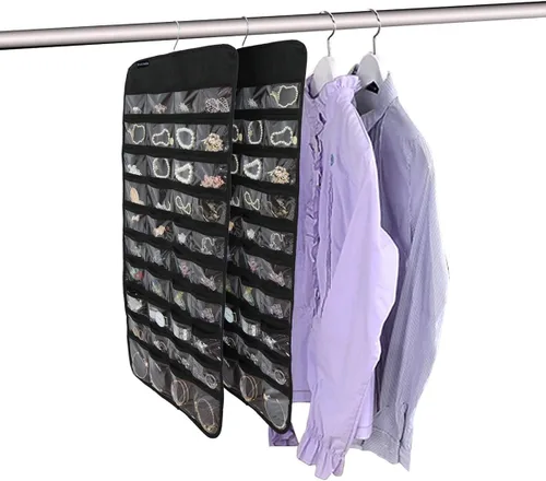 Vista 5 de Organizador colgante de doble cara para joyas, soporte para herramientas pequeñas con 80 bolsillos transparentes (negro)