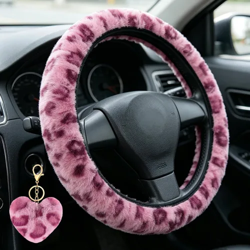 Vista 11 de Funda de volante de leopardo con llavero, protector de volante de piel elástica y mullida, guepardo, accesorios de automóvil para mujeres y niñas