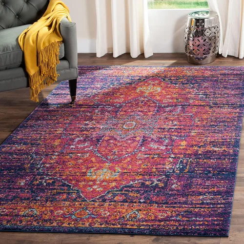 Vista 25 de SAFAVIEH Evoke Collection EVK275C Medallón oriental envejecido, no desprende pelusa, 2'2" x 4', color azul/naranja, alfombra de acento para sala