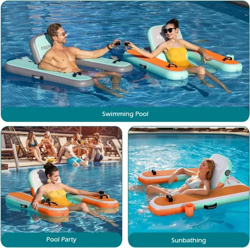Vista 7 de FBSPORT Tumbona inflable para piscina para adultos, silla flotante de agua, balsa flotante de piscina con soporte para tazas y respaldo