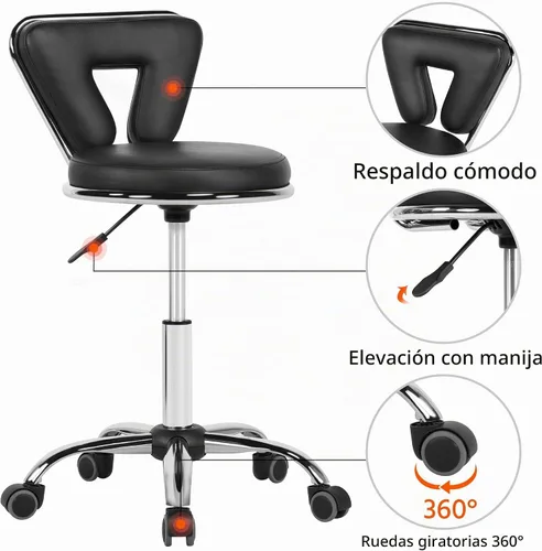 Vista 4 de Yaheetech Taburete enrollable ajustable Nail Tech Silla con respaldo, negro