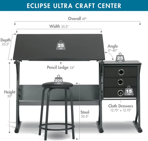 Vista 3 de Eclipse Ultra - Mesa de dibujo con taburete, parte superior ajustable en ángulo, estantes de almacenamiento y cajones de 2 piezas