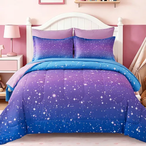 Vista 23 de Dinjoy Juego de edredón de 6 piezas para niñas, juego de ropa de cama colorido de arcoíris degradado tamaño individual, cama en una bolsa para niños