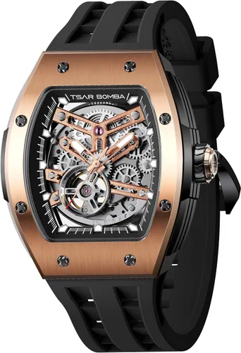 Vista 35 de Tsar Bomba Men's Automatic Watch Tonneau Luxury Skeleton Watch for Men Mechanical 50M Waterproof Wristwatch Gift for Men 08tc-whi