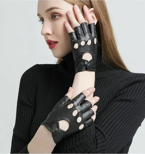 Vista 3 de FLORVIV Guantes negros sin dedos de piel sintética gótica gótica Cosplay disfraz punk Halloween actuación para mujeres y niñas