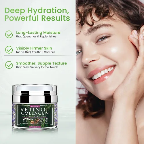 Vista 3 de Crema de retinol con colágeno y ácido hialurónico, hidratante facial para mujeres y hombres, reduce arrugas, líneas finas y sequedad, 1.7 onzas