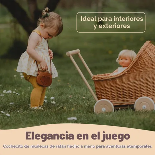 Vista 4 de Wiklibox Cochecito de muñeca de ratán natural, hecho a mano en Europa, se adapta a muñecas de 17 pulgadas y juguetes de peluche, cochecito de muñeca