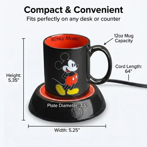 Vista 7 de Calentador de Tazas Mickey Mouse de Disney con Taza de 12 oz por Select Brands - Calentador de Tazas de Café con Taza de Cerámica Incluida - Plato