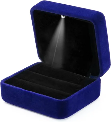 Vista 2 de Caja de anillo de terciopelo 2 ranuras con luz LED para compromiso Azul
