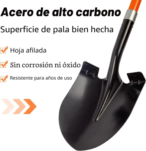 Vista 2 de VNIMTI Pala de jardinería resistente, hoja redonda de 56 pulgadas con mango de fibra de vidrio (naranja)