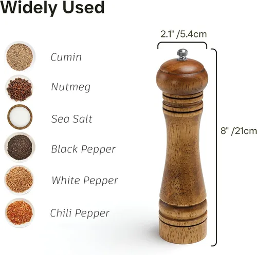 Vista 4 de Molinillo de sal y pimienta de madera, molinillo de sal y pimienta, cocteleras de madera de roble con molinillos de cerámica ajustables, 8 pulgadas