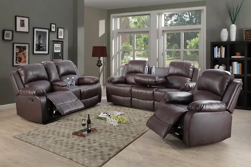 Vista 32 de Sofá reclinable manual de cuero para muebles de sala de estar, sofá reclinable de 78 pulgadas con mesa abatible, portavasos y sofá de cuero