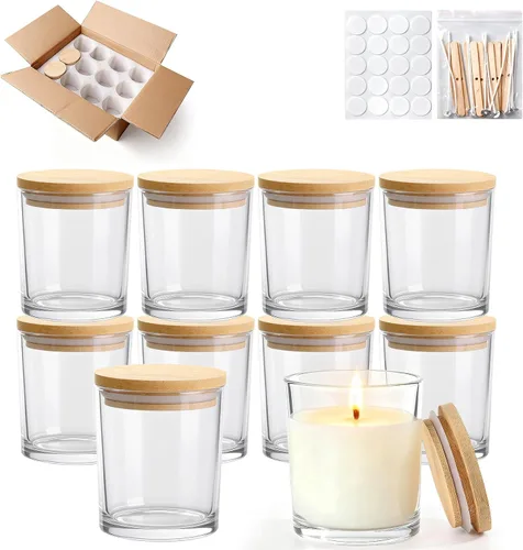 Vista 13 de Tarros de vela de vidrio de 4 onzas, paquete de 12 tarros pequeños para hacer velas, tarros vacíos de vidrio grueso de boca ancha con tapas de bambú