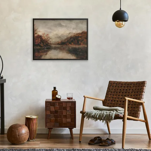 Vista 3 de Póster de paisaje campestre y lago, arte de pared de paisaje de naturaleza otoñal, 08 x 10 pulgadas, marco negro, pintura al óleo vintage de otoño