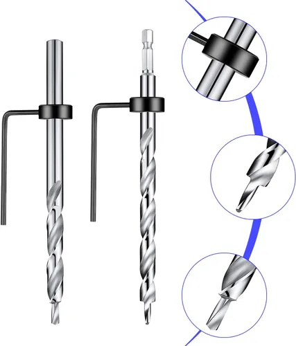 Vista 3 de 4 piezas de broca de orificio de bolsillo de 3/8 pulgada con collar de tope de profundidad, vástago hexagonal de 1/4 y vástago redondo de repuesto
