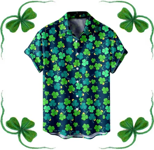 Vista 2 de Blusa del día de San Patricio Hombre Camisa con botones Manga Corta Cuello vuelto Camiseta Camisetas ropa Blouse Top