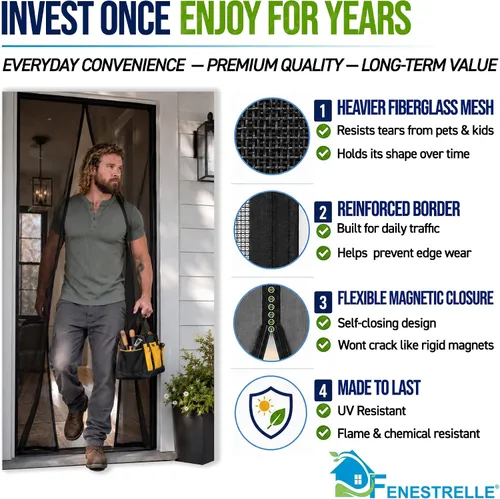 Vista 2 de Puerta magnética de malla de fibra de vidrio resistente de Fenestrelle, con cierre magnético autoajustable, manos libres, con moldura negra – Se