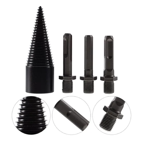 Vista 8 de 4pcs Wood Log Splitter Drill Bit Set with 3 Detachable Handles (Round, Square, Hex) 32mm Carbon Steel Firewood Splitting Tool for Electric Hammer
