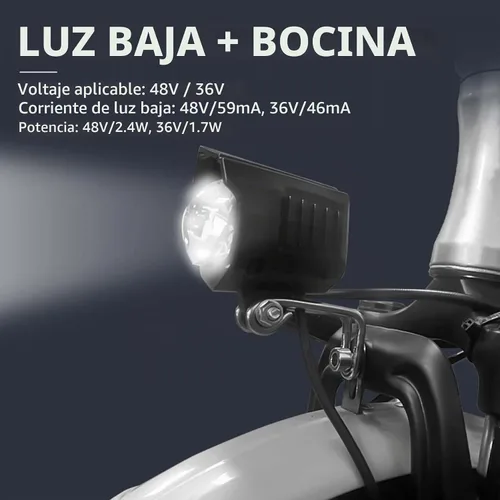 Vista 2 de Faro plegable para bicicleta eléctrica de montaña, conector macho de 3 pines, luz delantera de bicicleta de 36 V a 48 V, con 80-100 db, faros