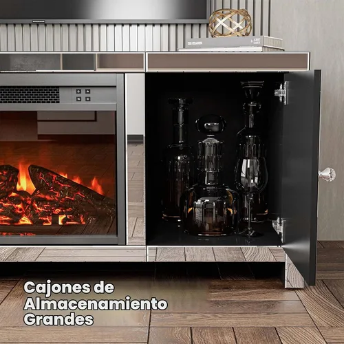 Vista 6 de IKIFLY Soporte de TV con chimenea con espejo, centro de entretenimiento