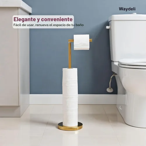 Vista 2 de Soporte de papel higiénico dorado, soporte de papel higiénico independiente con reserva para 4 rollos de repuesto, base resistente, estante
