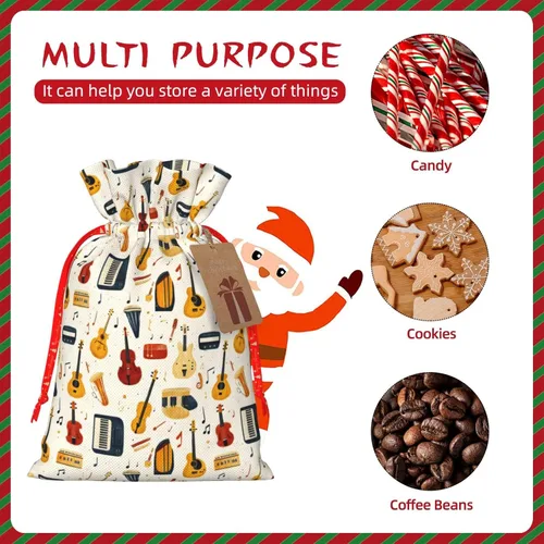 Vista 3 de Bolsas de regalo con estampado de instrumentos musicales retro, bolsas de regalo de Navidad reutilizables con cordón y etiqueta de regalo