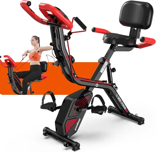 Vista 10 de pooboo - Bicicleta de ejercicio plegable, bicicleta estática vertical plegable, bicicleta magnética para interiores X-Bike con resistencia ajustable
