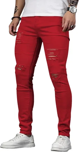 Vista 4 de HUNGSON Men's Blue Slim Fit Jeans Stretch Destroyed Ripped Skinny Jeans Side Striped Denim Pants