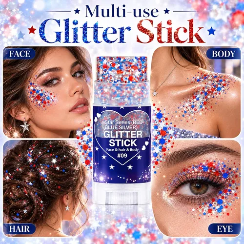 Vista 5 de Go Ho Patriotic Body Glitter Stick, accesorios del 4 de julio, rojo, blanco